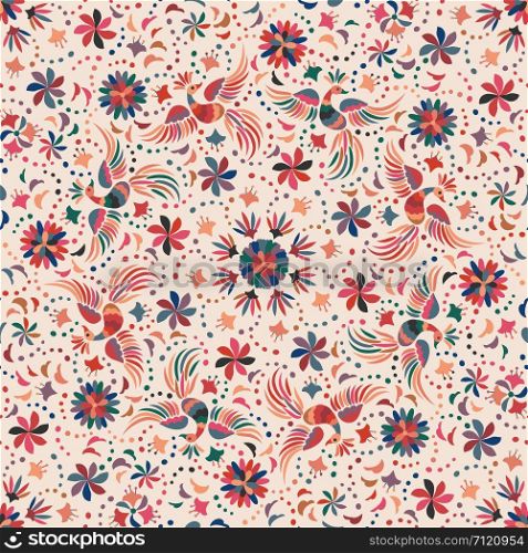Mexican embroidery seamless pattern. Colorful and ornate ethnic pattern. Birds and flowers light background. Floral background with bright ethnic ornament.. Mexican embroidery seamless pattern