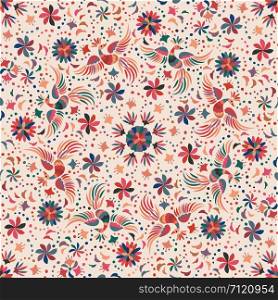 Mexican embroidery seamless pattern. Colorful and ornate ethnic pattern. Birds and flowers light background. Floral background with bright ethnic ornament.. Mexican embroidery seamless pattern