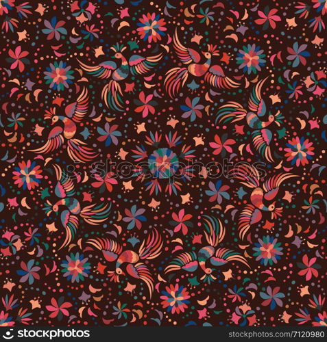 Mexican embroidery seamless pattern. Colorful and ornate ethnic pattern. Birds and flowers light background. Floral background with dark ethnic ornament.. Mexican embroidery seamless pattern