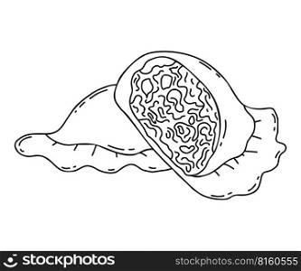 Mexican Empanadas. Half of broken dumpling with stuffing close-up. Vector linear hand drawing Latin American food in doodle style