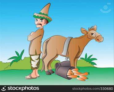 Mexican Farmer with Spilled Produce and Stubborn Mule, vector illustration