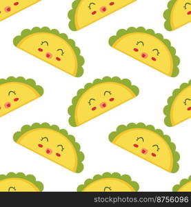 Mexican fastfood happy taco character seamless pattern. Perfect print for tee, paper, textile and fabric. Funny vector background for decor and design.
