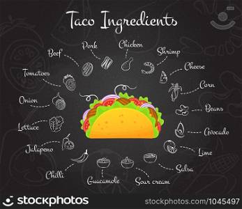 Mexican fastfood tacos menu recipe constructor vector illustration. Chalk style hand draw ingredients set with tasty beef meat, salad and tomato in delicious taco for menu or recipe construction. Mexican fastfood tacos menu chalk style recipe set