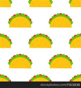 Mexican festival taco fastfood seamless pattern. Delicious fresh yellow tacos with beef and chicken, green salad and red tomato on white background for cafe, restaurant or food truck decoration design. Mexican festival taco fastfood seamless pattern
