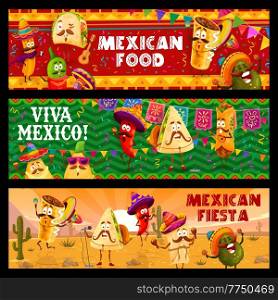 Mexican fiesta and holiday party, cartoon mexican tacos and burrito, churros and jalapeno, nachos and avocado characters. Vector banners with tex mex fast food snacks in sombrero and poncho on desert. Mexican fiesta holiday party, cartoon characters