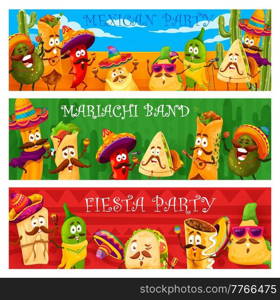 Mexican fiesta party, cartoon funny mariachi food characters. Vector banners with tex mex snack meals in sombrero and poncho playing maracas and guitar, singing on desert landscape with cactuses. Mexican fiesta party, cartoon funny mariachi food