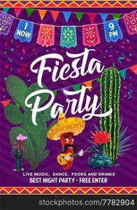 Mexican fiesta party flyer with vector cactuses and chili pepper cartoon character. Funny mariachi musician chili personage with sombrero playing guitar, papel picado flags, opuntia, saguaro cactuses. Mexican fiesta party flyer, cactuses, chili pepper