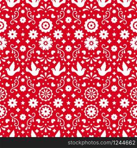 Mexican flowers, leaves and birds on red background. Traditional seamless pattern for fiesta party. Floral folk art design from Mexico. Mexican folklore ornament. Mexican flowers, leaves and birds on red background. Traditional seamless pattern for fiesta party. Floral folk art design from Mexico. Mexican folklore ornament.