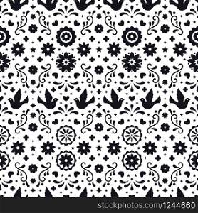 Mexican flowers, leaves and birds. Traditional seamless pattern for fiesta party. Floral folk art design from Mexico. Mexican folklore ornament. Black and white background. Mexican flowers, leaves and birds. Traditional seamless pattern for fiesta party. Floral folk art design from Mexico. Mexican folklore ornament. Black and white background.