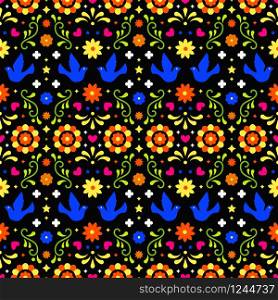Mexican folk art seamless pattern with flowers, leaves and birds on dark background. Traditional design for fiesta party. Colorful floral ornate elements from Mexico. Mexican folklore ornament. Mexican folk art seamless pattern with flowers, leaves and birds on dark background. Traditional design for fiesta party. Colorful floral ornate elements from Mexico. Mexican folklore ornament.