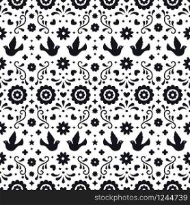 Mexican folk art seamless pattern with flowers, leaves and birds on white background. Traditional design for fiesta party. Floral ornate elements from Mexico. Mexican folklore ornament. Mexican folk art seamless pattern with flowers, leaves and birds on white background. Traditional design for fiesta party. Floral ornate elements from Mexico. Mexican folklore ornament.