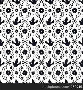 Mexican folk art seamless pattern with flowers, leaves and birds on white background. Traditional design for fiesta party. Floral ornate elements from Mexico. Mexican folklore ornament.