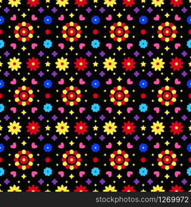 Mexican folk art seamless pattern with flowers on dark background. Traditional design for fiesta party. Colorful floral ornate elements from Mexico. Mexican folklore ornament. Mexican folk art seamless pattern with flowers on dark background. Traditional design for fiesta party. Colorful floral ornate elements from Mexico. Mexican folklore ornament.