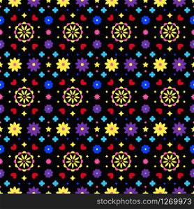 Mexican folk art seamless pattern with flowers on dark background. Traditional design for fiesta party. Colorful floral ornate elements from Mexico. Mexican folklore ornament. Mexican folk art seamless pattern with flowers on dark background. Traditional design for fiesta party. Colorful floral ornate elements from Mexico. Mexican folklore ornament.