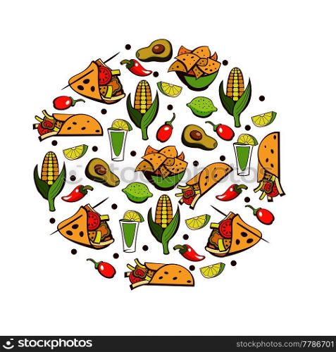 Mexican food. A set of popular Mexican fast food dishes. Vector illustration in cartoon style.
