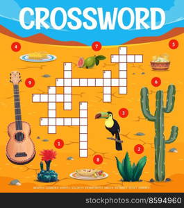 Mexican food and culture items, crossword grid or find word quiz game, vector worksheet. Crossword riddle to guess word of Mexican guitar, aloe cactus and burrito with toucan and guacamole. Mexican food and culture items, crossword grid