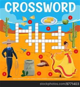 Mexican food and people in national costumes, crossword grid worksheet, vector find word quiz. Crossword riddle to guess word of Mexican matador, cocoa and hummingbird with corn and nachos or cactus. Mexican crossword, food, people, national costumes
