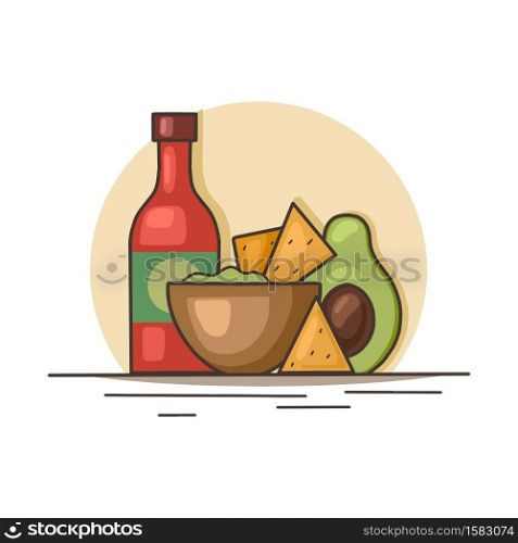 Mexican food. Avocado guacamole with nachos corn chips and spicy sauce. Contour illustration of national cuisine. Vector outline picture for menus, logos, recipes and your design.. Mexican food. Avocado guacamole with nachos corn chips and spicy sauce. Contour illustration of national cuisine. Vector outline picture