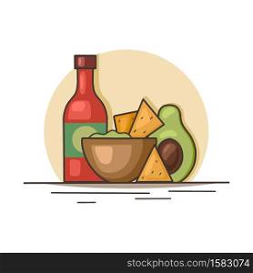 Mexican food. Avocado guacamole with nachos corn chips and spicy sauce. Contour illustration of national cuisine. Vector outline picture for menus, logos, recipes and your design.. Mexican food. Avocado guacamole with nachos corn chips and spicy sauce. Contour illustration of national cuisine. Vector outline picture