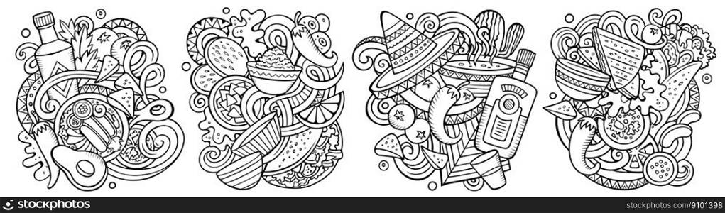 Mexican food cartoon vector doodle designs set. Sketchy detailed compositions with lot of latinamerican cuisine objects and symbols. Mexican food cartoon vector doodle designs set