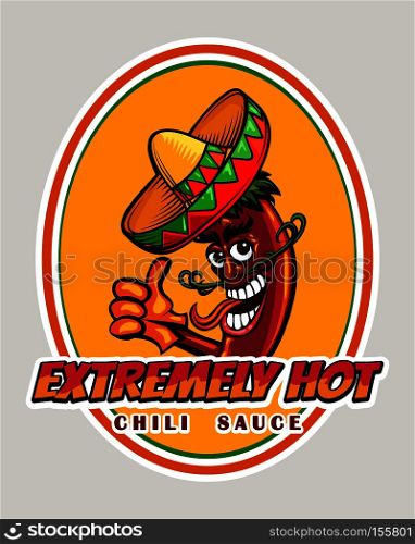 Mexican food Chili Sauce Emblem. Red chili pepper in sombrero label design. Vector illustration.