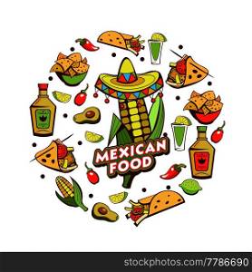 Mexican food. Corn on the cob in sombrero. A set of popular Mexican fast food dishes. Vector illustration in cartoon style.