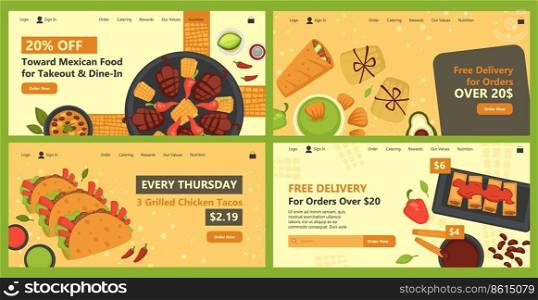 Mexican food delivery service offer, web page set. Landing banner collection with takeout, discount and special price promo, vector illustration. Traditional kitchen with burrito element. Mexican food delivery service offer, web page set