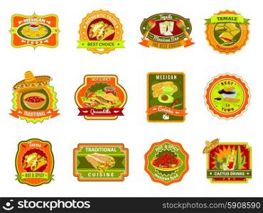 Mexican Food Emblem Set. Mexican traditional food cafe restaurant and bar flat bright color emblem set isolated vector illustration