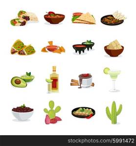 Mexican Food Flat Icons Set . Mexican cuisine dishes snacks and drinks flat icons set with cactus national symbol abstract isolated vector illustration