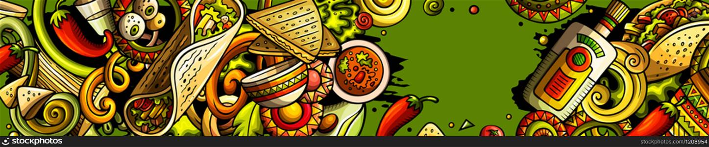 Mexican food hand drawn doodle banner. Cartoon detailed flyer. Mexico cuisine identity with objects and symbols. Color vector design elements background. Mexican food hand drawn doodle banner. Cartoon detailed flyer.