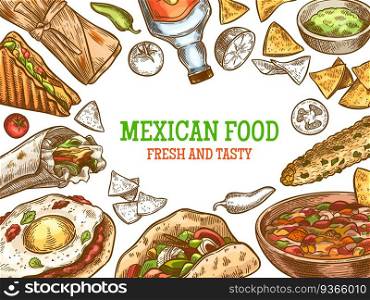 Mexican food. Hand drawn traditional mexican tequila and dishes, burrito, tacos and nachos, enchilada vintage sketch vector background. Spicy and hot cuisine for cafe or restaurant menu. Mexican food. Hand drawn traditional mexican tequila and dishes, burrito, tacos and nachos, enchilada vintage sketch vector background