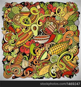 Mexican food hand drawn vector doodles illustration. Cuisine poster design. Mexica Menu elements and objects cartoon background. Bright colors funny picture. All items are separated. Mexican food hand drawn vector doodles illustration. Cuisine poster design.