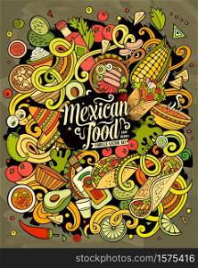 Mexican food hand drawn vector doodles illustration. Cuisine poster design. Mexica Menu elements and objects cartoon background. Bright colors funny picture.. Mexican food hand drawn vector doodles illustration. Cuisine poster design.