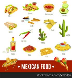Mexican Food Icon Set. Mexican national tradition food drink and features bright color flat icon set isolated vector illustration