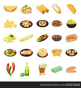 Mexican food icons set cartoon vector. Healthy tacos. Salsa taco. Mexican food icons set cartoon vector. Healthy tacos