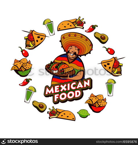 Mexican food. Popular Mexican food, fast food. Funny Mexican in a poncho and sombrero. Vector illustration.