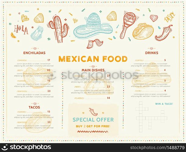 Mexican Food Restaurant menu, template design with sketch icons of Chili pepper, sombrero, tacos, nacho, burrito.Chalkboard Food flyer for promotion, site banner.. Mexican Food Restaurant menu, template design with sketch icons of Chili pepper, sombrero, tacos, nacho, burrito.Chalkboard Food flyer for promotion, site banner