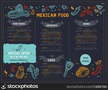 Mexican Food Restaurant menu, template design with sketch icons of Chili pepper, sombrero, tacos, nacho, burrito.Chalkboard Food flyer for promotion, site banner.. Mexican Food Restaurant menu, template design with sketch icons of Chili pepper, sombrero, tacos, nacho, burrito.Chalkboard Food flyer for promotion, site banner