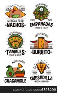 Mexican food restaurant or cafe symbols. Cuisine from Mexico, nachos and empanadas, tamales and burrito, guacamole and quesadilla icons with chili pepper and meat or vegetables vector isolated. Mexican spicy food restaurant cafe icons and signs