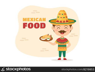 Mexican Food Restaurant with Various of Delicious Traditional Cuisine Tacos, Nachos and Other on Flat Cartoon Hand Drawn Templates Illustration