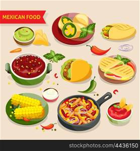 Mexican food set. Mexican food set with traditional mexico cuisine dishes isolated vector illustraion
