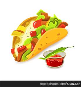 Mexican Food Taco Concept. Mexican tradition cuisine dish taco and chili pepper bright color flat concept isolated vector illustration