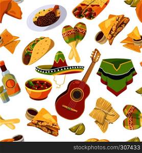 Mexican food vector seamless pattern on white background. Mexican pattern vintage, illustration of traditional mexican background. Mexican food vector seamless pattern on white background