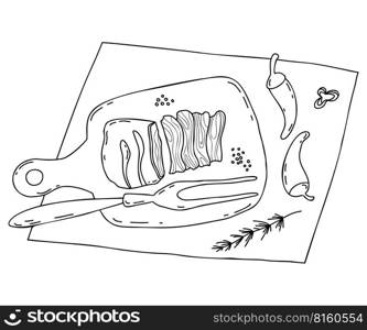 Mexican grilled meat food. Carne Asada Grilled beef, meat pieces on kitchen board with chili peppers and large fork. Vector linear drawing in doodle style of Latin American national dish