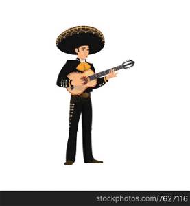 Mexican guitarist mariachi playing on guitar isolated musical band player. Vector spanish musician in sombrero hat and traditional costume. Cinco de mayo carnival musician with musical instrument. Mariachi musician in sombrero hat playing guitar