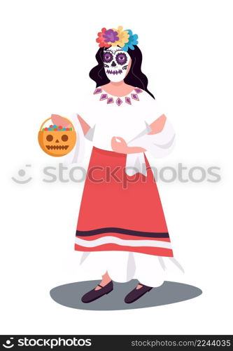 Mexican halloween costume semi flat color vector character. Standing figure. Full body person on white. Day of dead holiday simple cartoon style illustration for web graphic design and animation. Mexican halloween costume semi flat color vector character