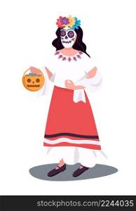 Mexican halloween costume semi flat color vector character. Standing figure. Full body person on white. Day of dead holiday simple cartoon style illustration for web graphic design and animation. Mexican halloween costume semi flat color vector character