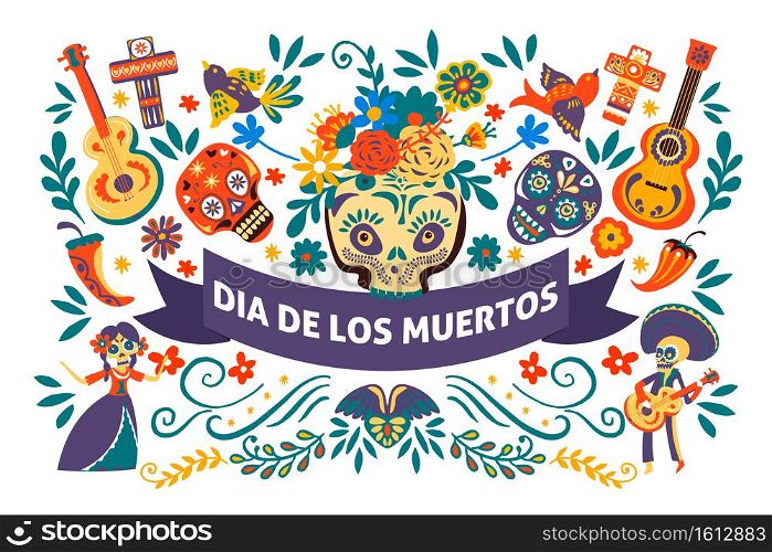 Mexican holiday Dia de los muertos, banner with symbols of cultural event. Day of the dead celebration, skulls and acoustic guitars, crosses and decorative vivid flowers, vector in flat style. Dia de los muertos, day of the dead mexican holiday