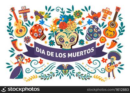 Mexican holiday Dia de los muertos, banner with symbols of cultural event. Day of the dead celebration, skulls and acoustic guitars, crosses and decorative vivid flowers, vector in flat style. Dia de los muertos, day of the dead mexican holiday