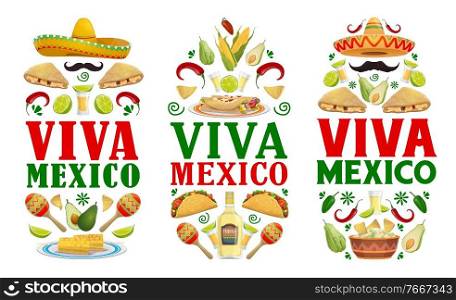 Mexican holiday food vector banners of Viva Mexico fiesta party. Sombrero hats, maracas, red chilli peppers and tequila, tacos, burritos, nachos and avocado guacamole, moustache, jalapeno and lime. Mexican holiday food banners, Viva Mexico fiesta